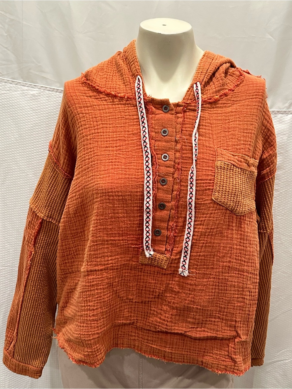 POL Rust-Orange Hooded Pullover Double Gauze Waffle Knit